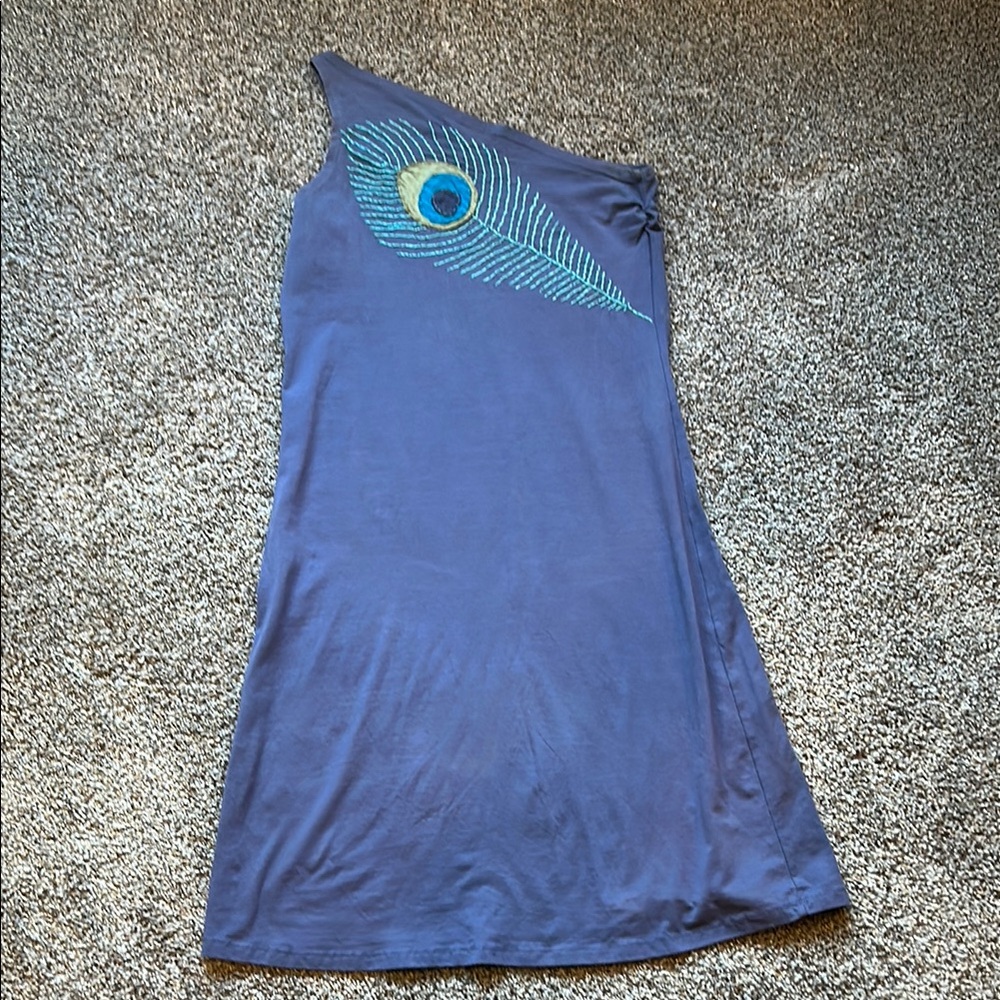 Synergy Organic One Shoulder Dress with blue Peacock Design